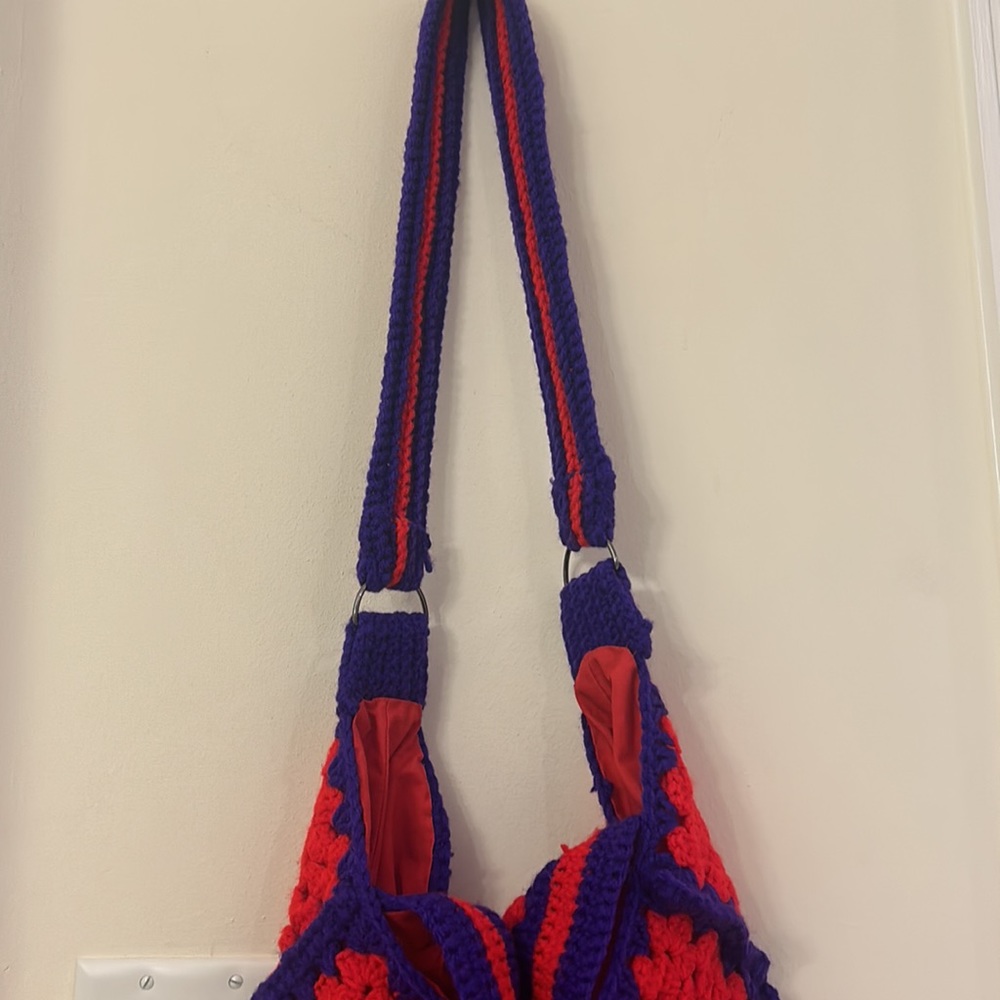 Hand Crocheted Knit Yarn Boho Tote Red Purple Purse Shoulder Bag Retro Granny - Picture 13 of 16